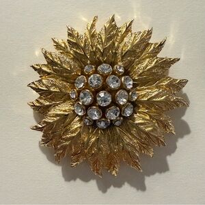 Vintage CHRISTIAN DIOR Gold Plated Floral Brooch with Crystal Rhinestones